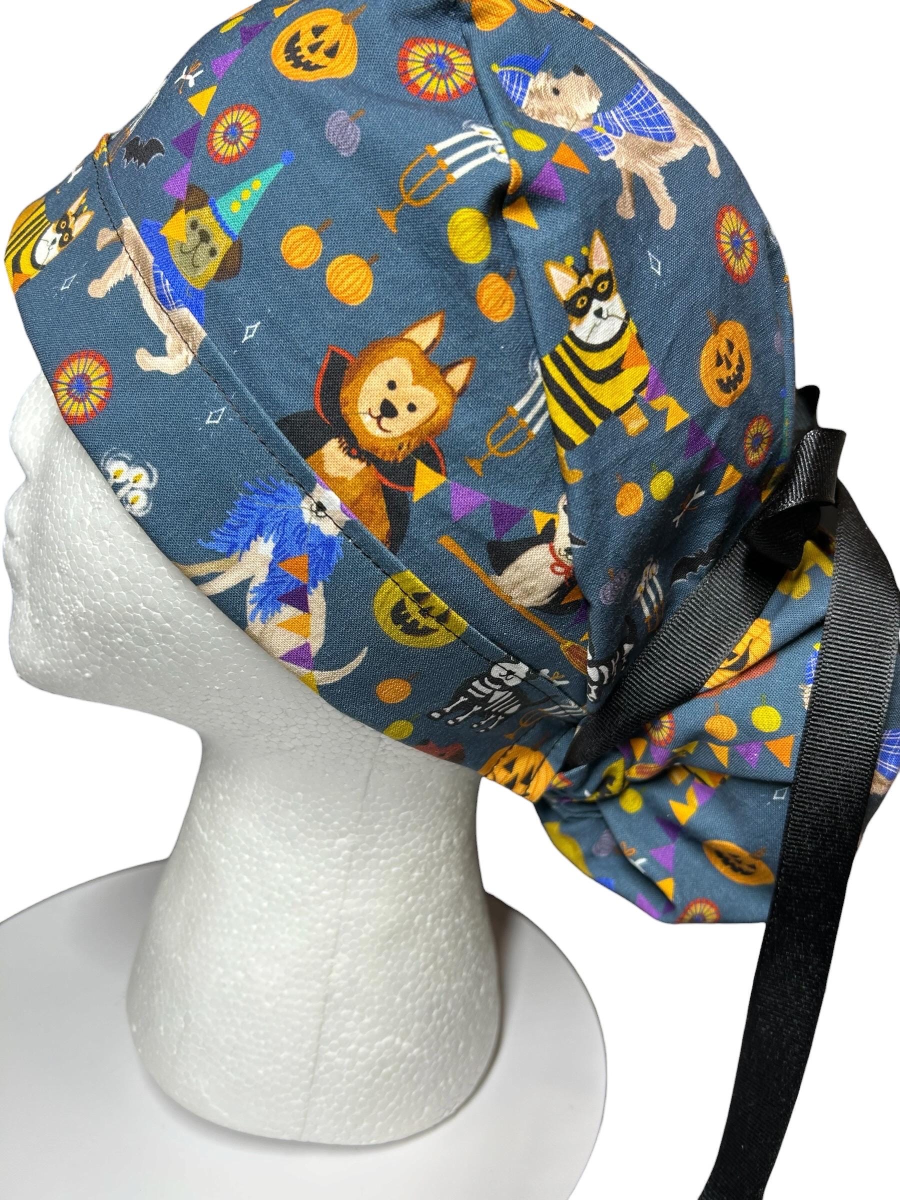 Howl-oween Dogs Scrub Cap| Halloween Costume Ponytail Hat with Adjustable Ribbon Ties | Medical Headwear