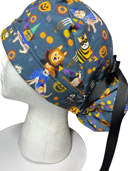 Howl-oween Dogs Scrub Cap| Halloween Costume Ponytail Hat with Adjustable Ribbon Ties | Medical Headwear
