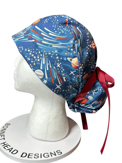 Scrub Caps with bun pocket and optional satin and mask buttons| Outer Space Print