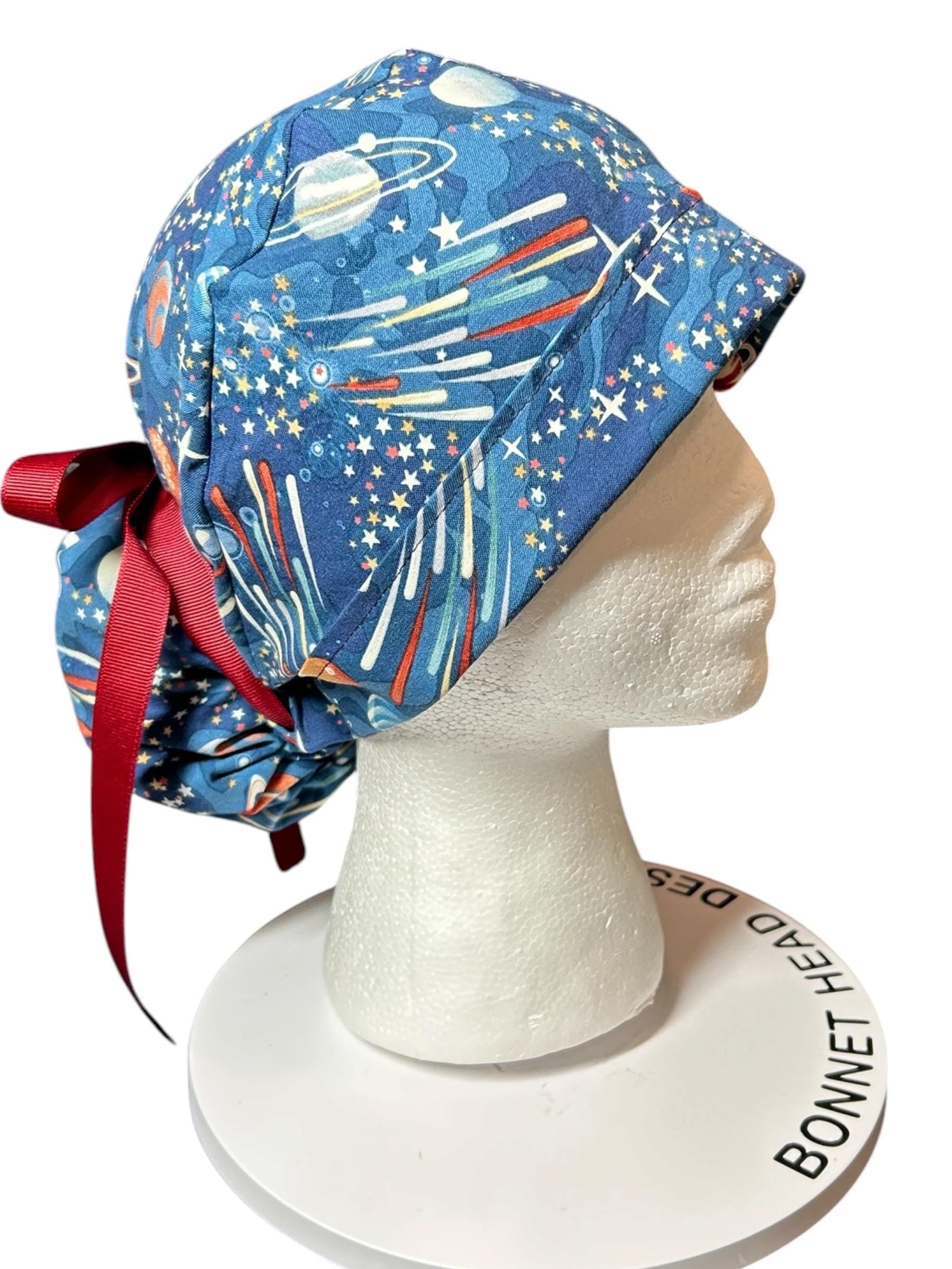Scrub Caps with bun pocket and optional satin and mask buttons| Outer Space Print