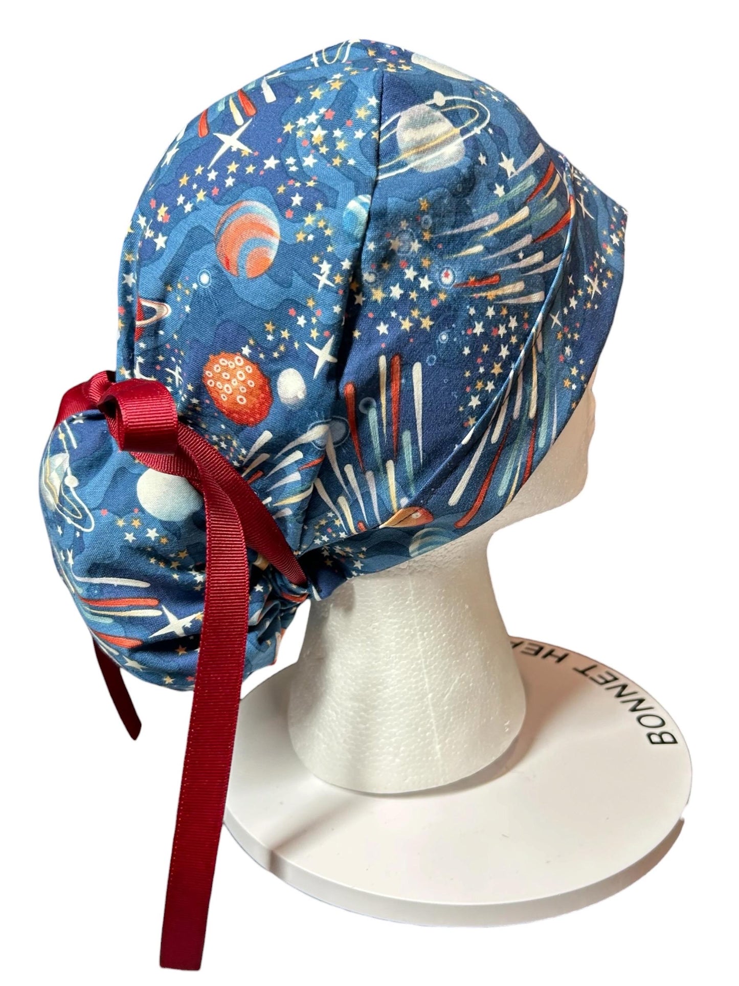 Scrub Caps with bun pocket and optional satin and mask buttons| Outer Space Print