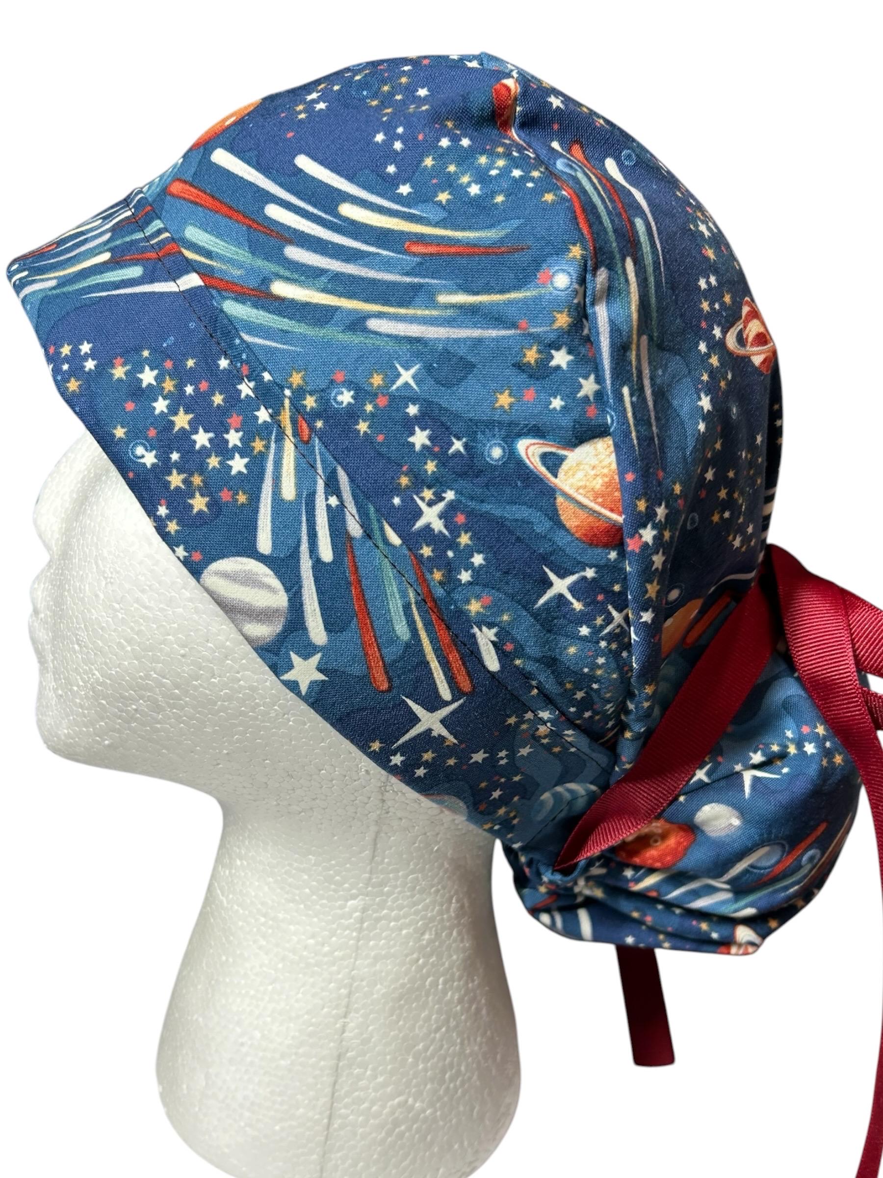 Scrub Caps with bun pocket and optional satin and mask buttons| Outer Space Print