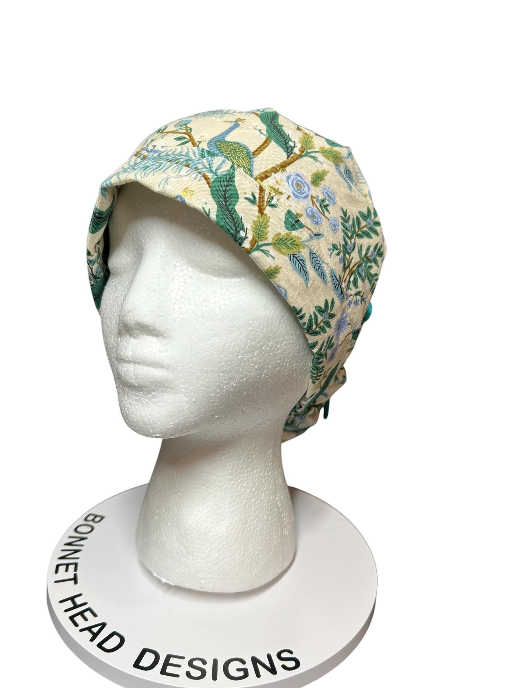 Peacock print scrub cap, Rifle Paper Co cream fabric