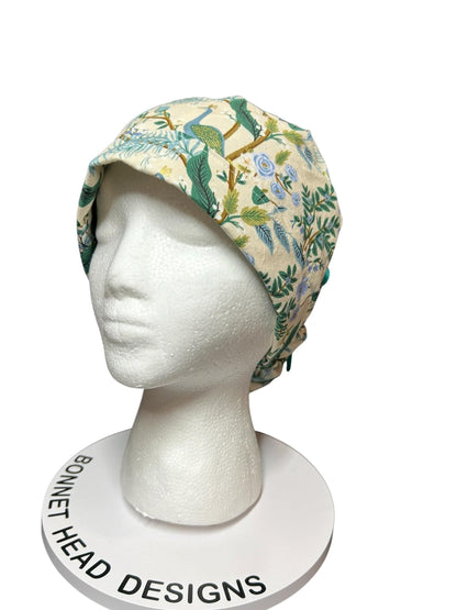 Peacock print scrub cap, Rifle Paper Co cream fabric