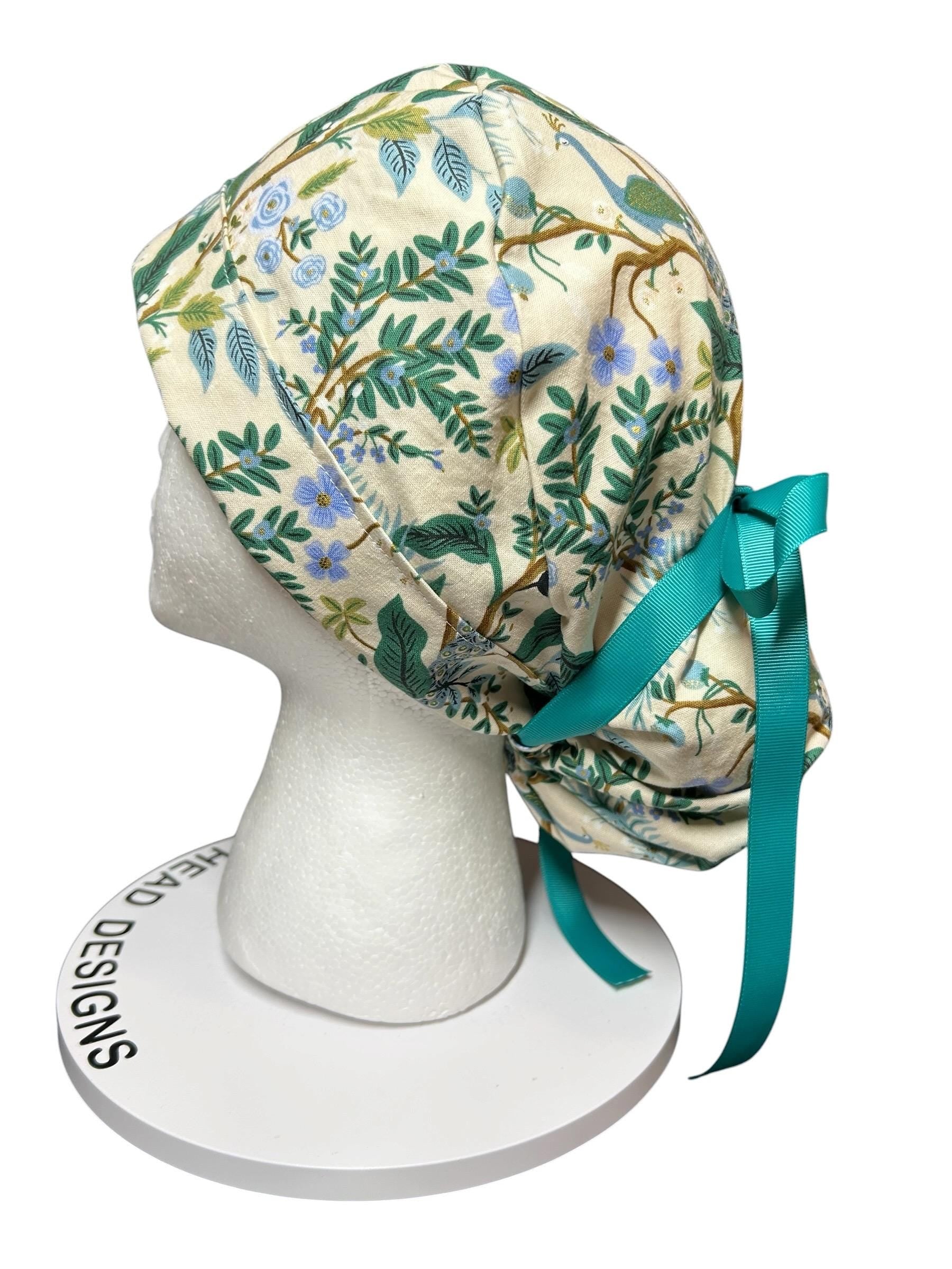 Peacock print scrub cap, Rifle Paper Co cream fabric