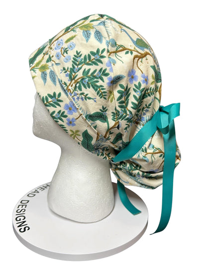 Peacock print scrub cap, Rifle Paper Co cream fabric
