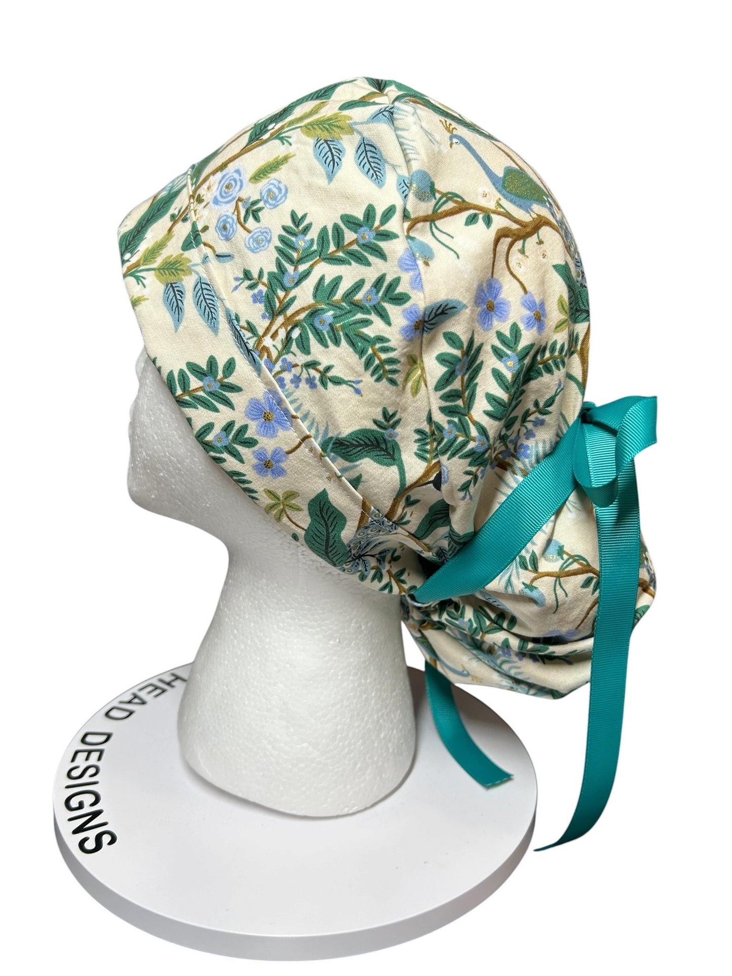 Peacock print scrub cap, Rifle Paper Co cream fabric