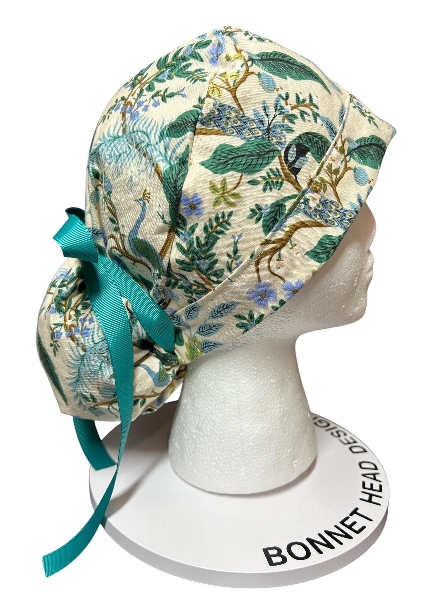 Peacock print scrub cap, Rifle Paper Co cream fabric