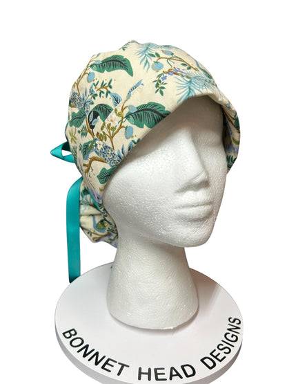 Peacock print scrub cap, Rifle Paper Co cream fabric