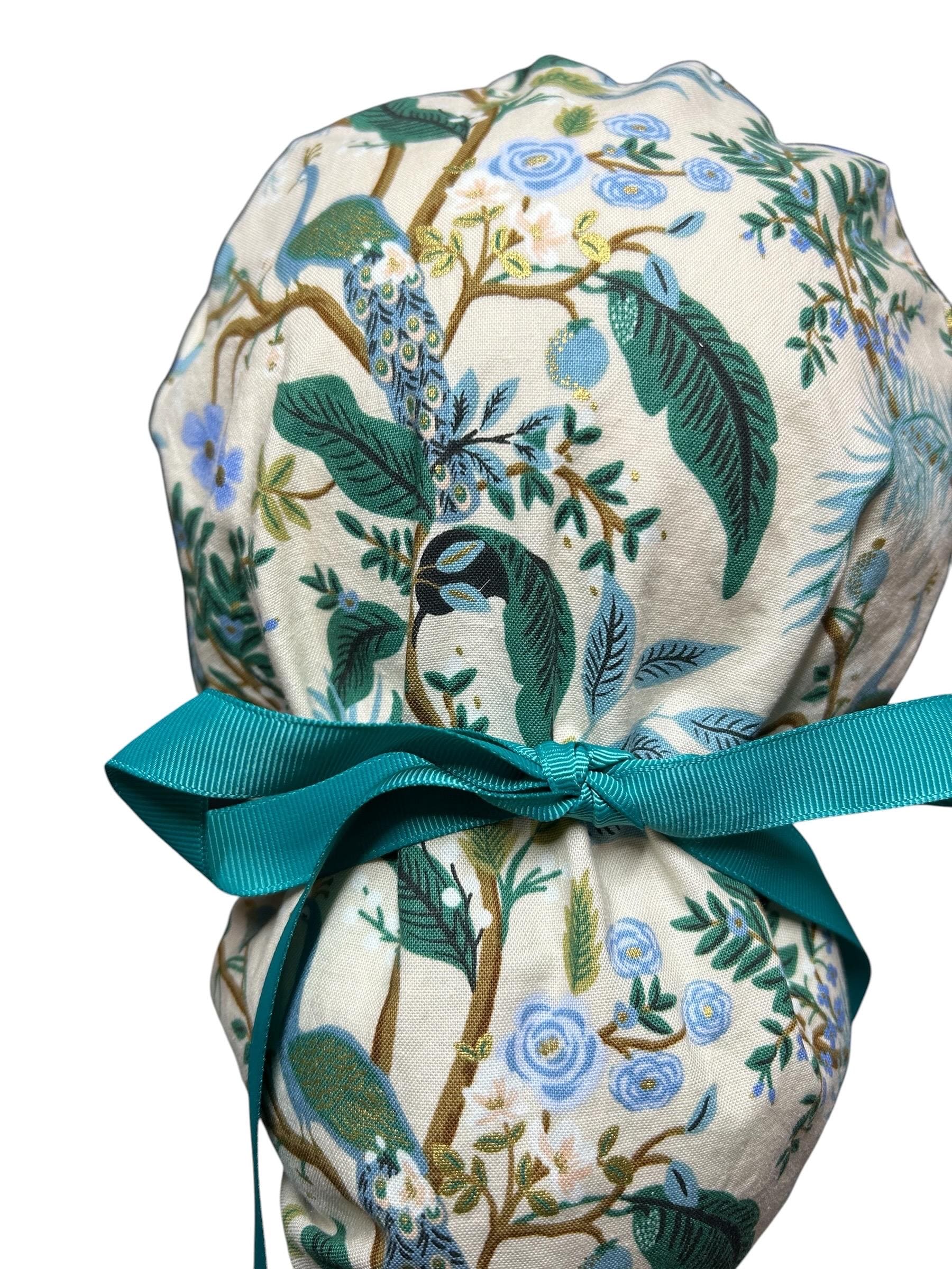 Peacock print scrub cap, Rifle Paper Co cream fabric