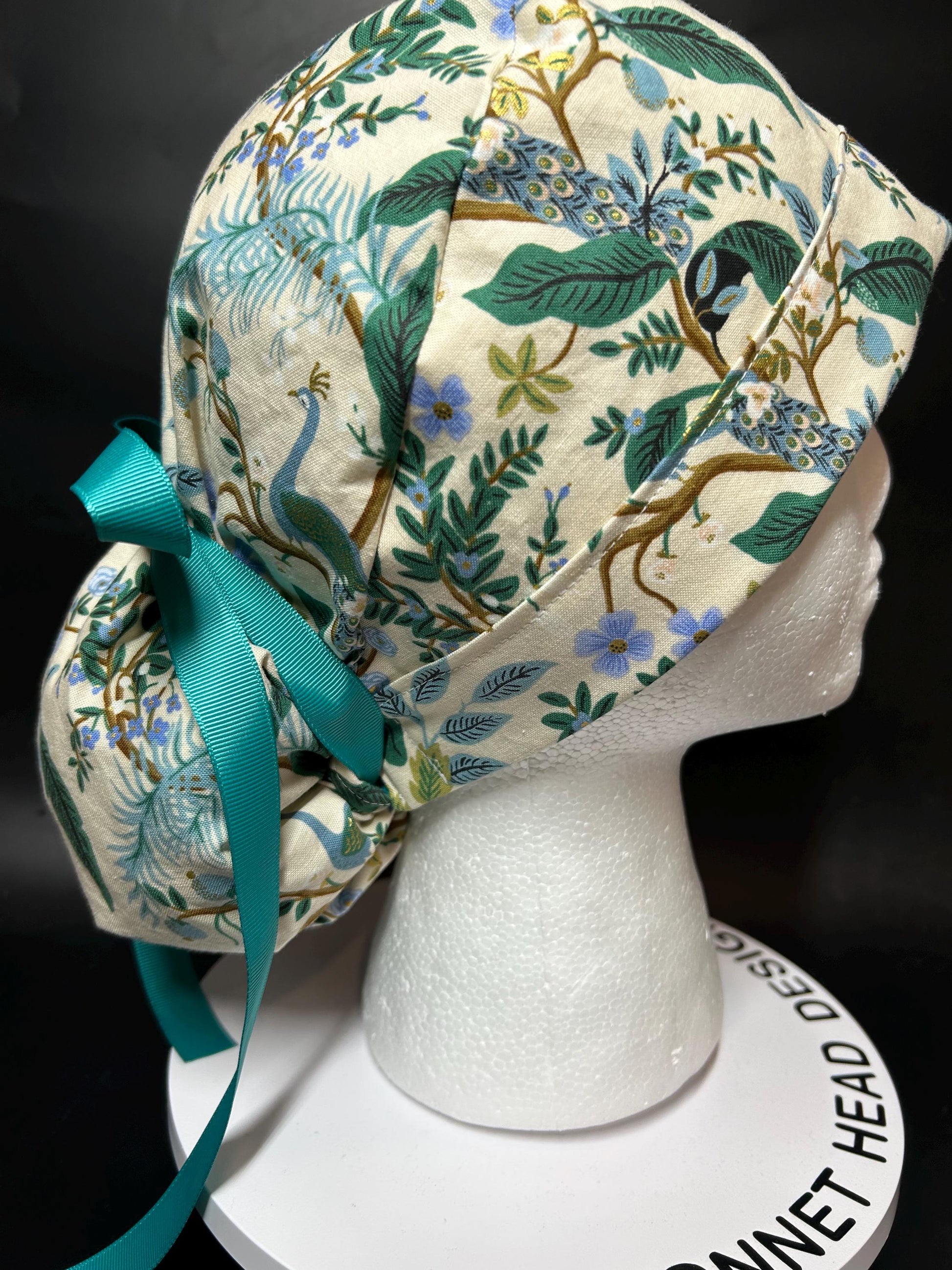 Peacock print scrub cap, Rifle Paper Co cream fabric