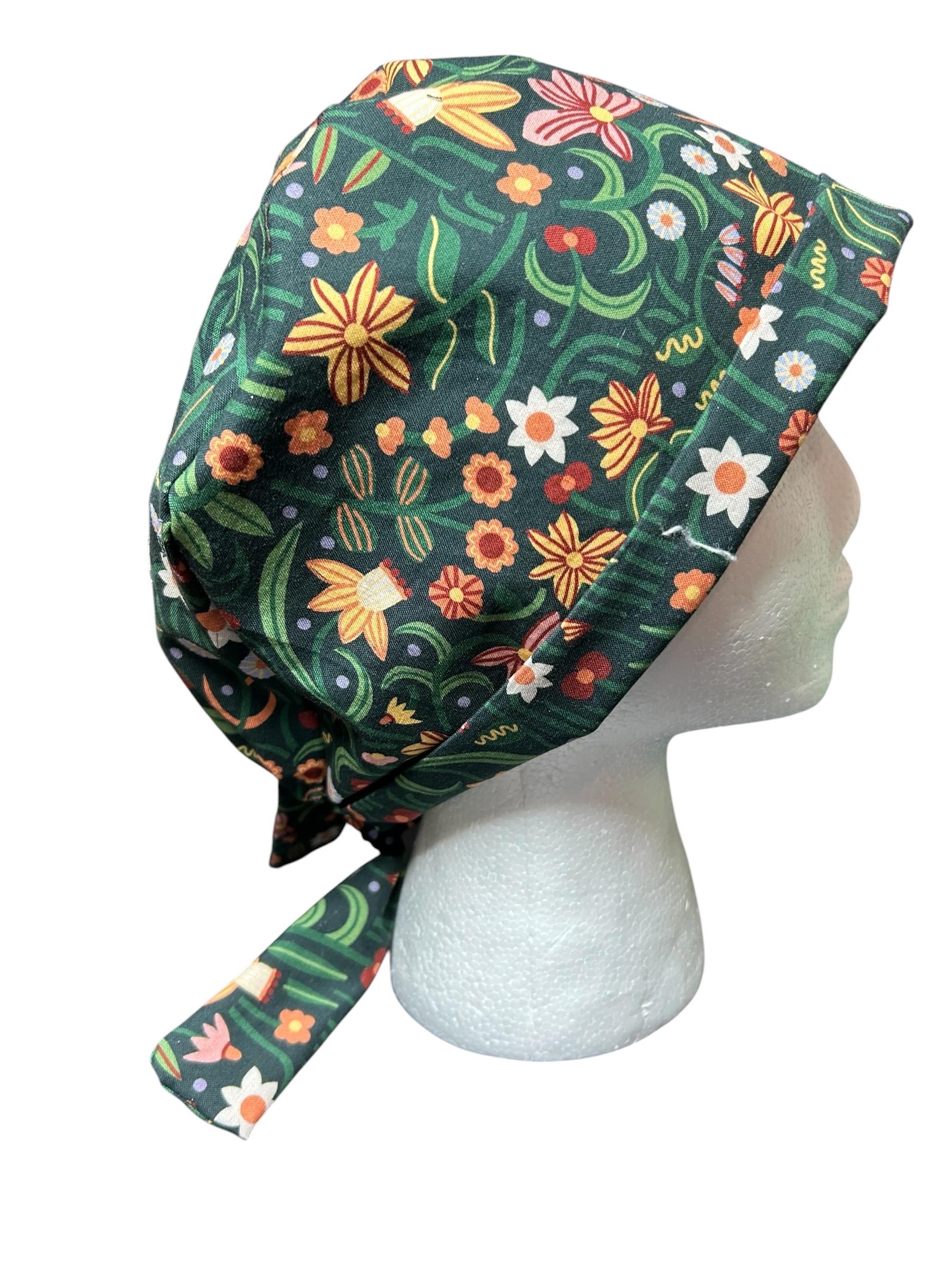 Tie back scrub cap: Green floral print and satin lining option