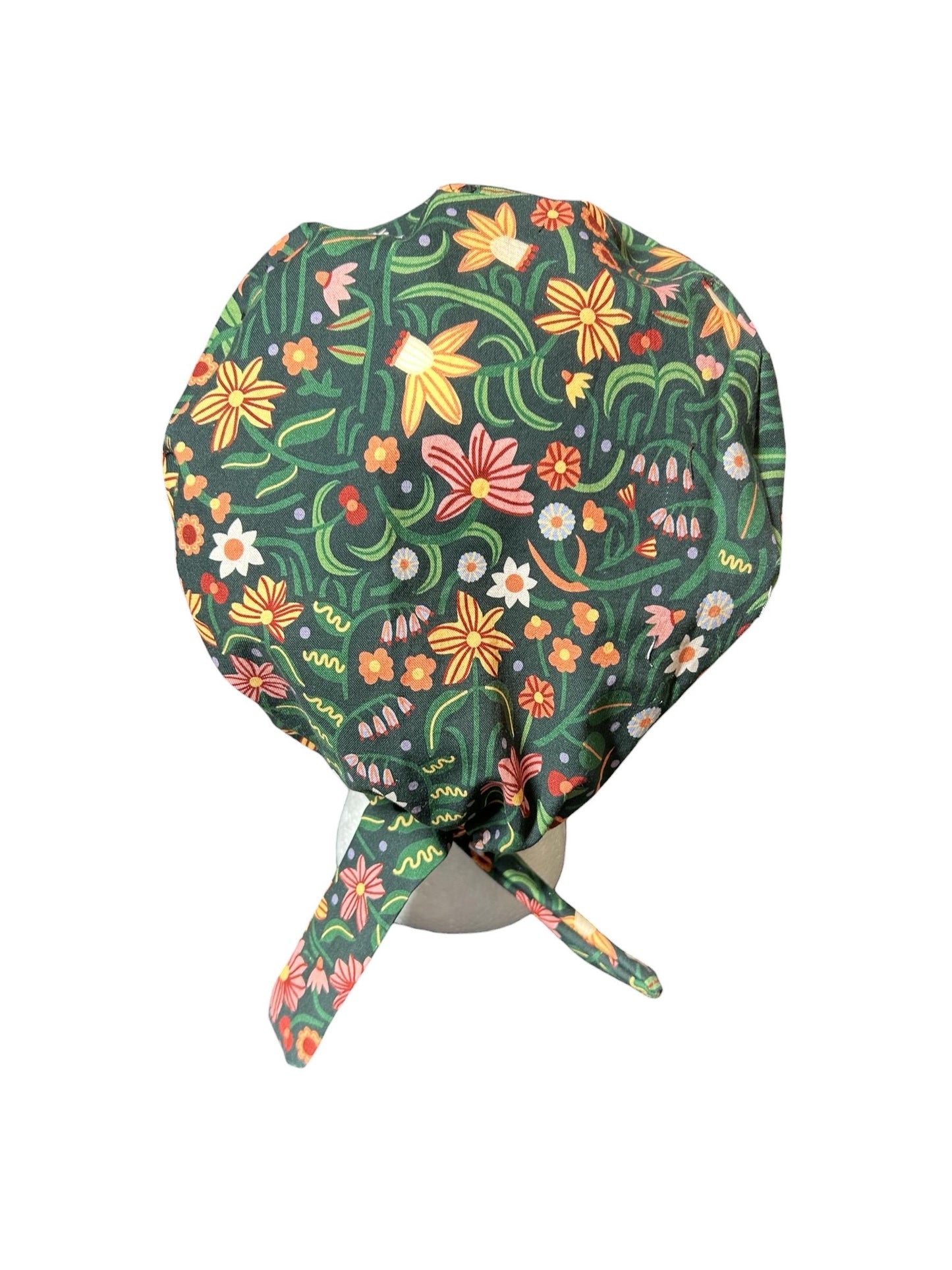 Tie back scrub cap: Green floral print and satin lining option