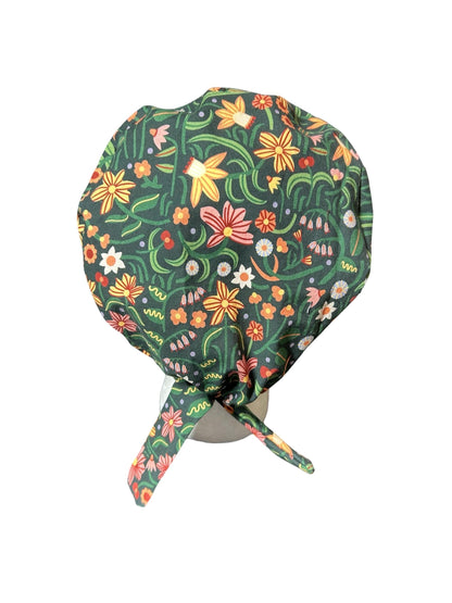 Tie back scrub cap: Green floral print and satin lining option