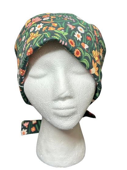 Tie back scrub cap: Green floral print and satin lining option