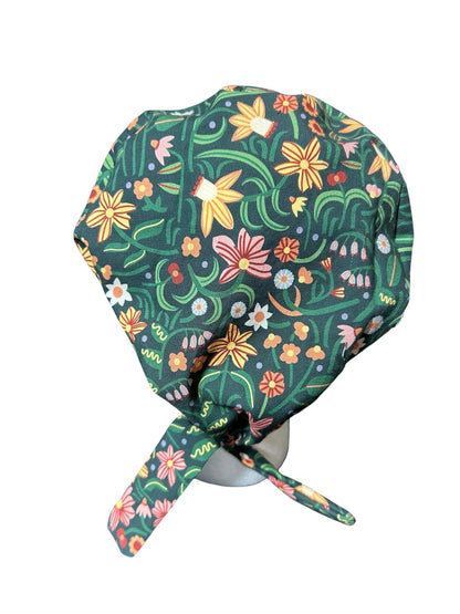 Tie back scrub cap: Green floral print and satin lining option