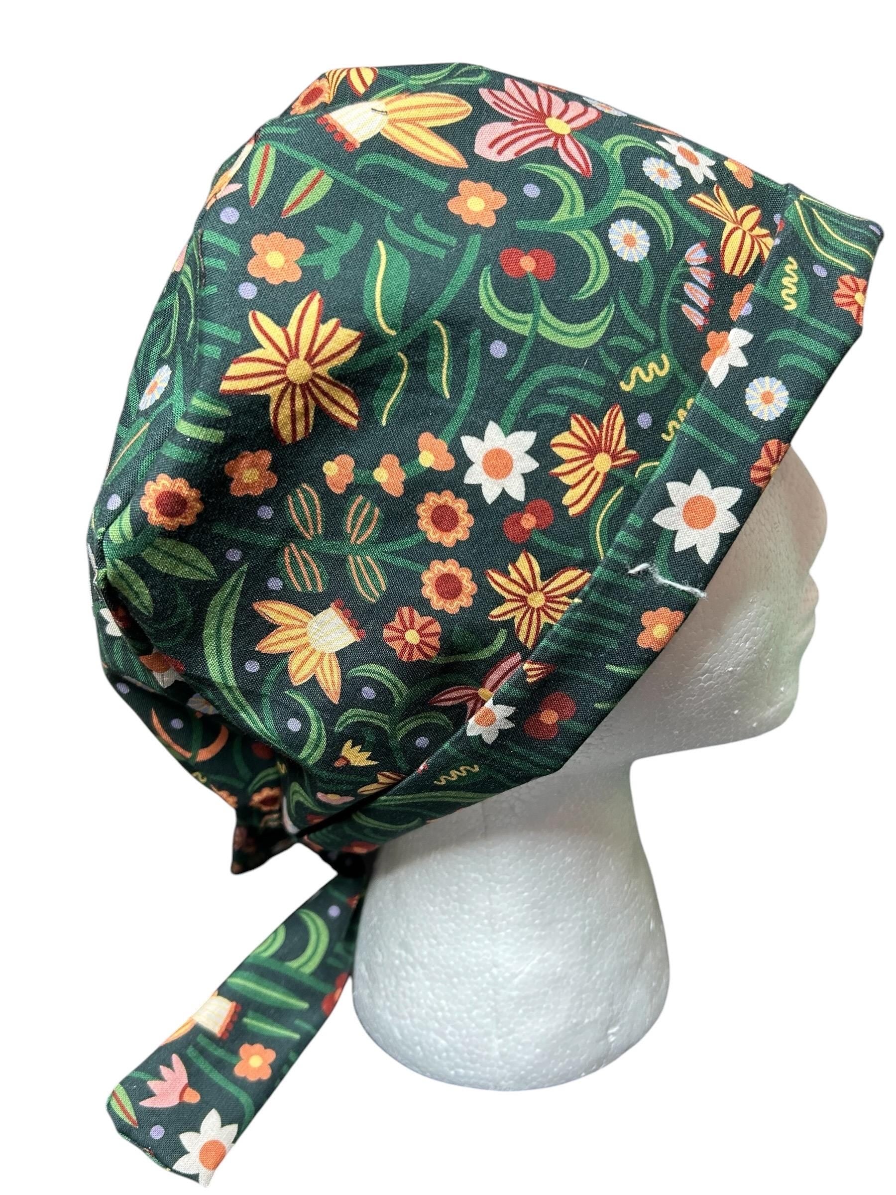 Tie back scrub cap: Green floral print and satin lining option