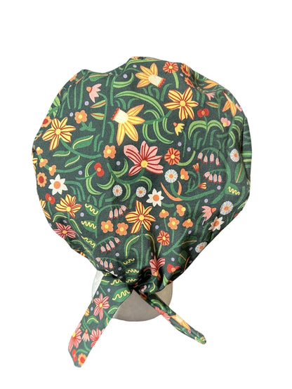 Tie back scrub cap: Green floral print and satin lining option