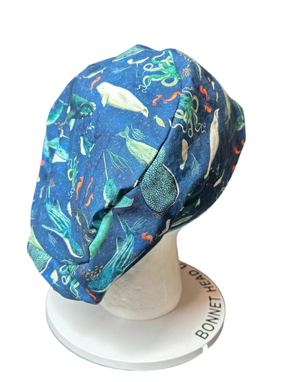 Euro scrub caps: whale shark ocean print with adjustable toggle and elastic