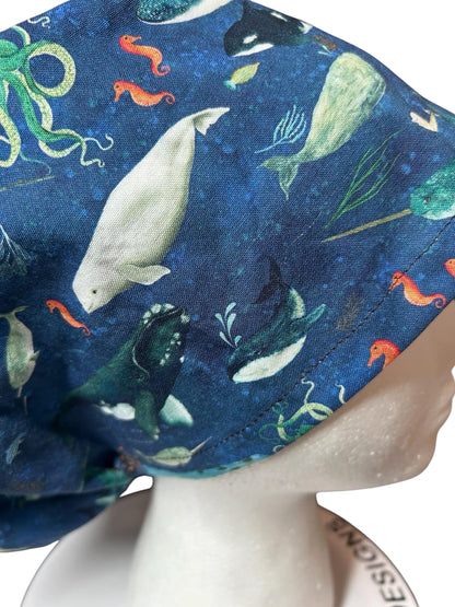 Euro scrub caps: whale shark ocean print with adjustable toggle and elastic