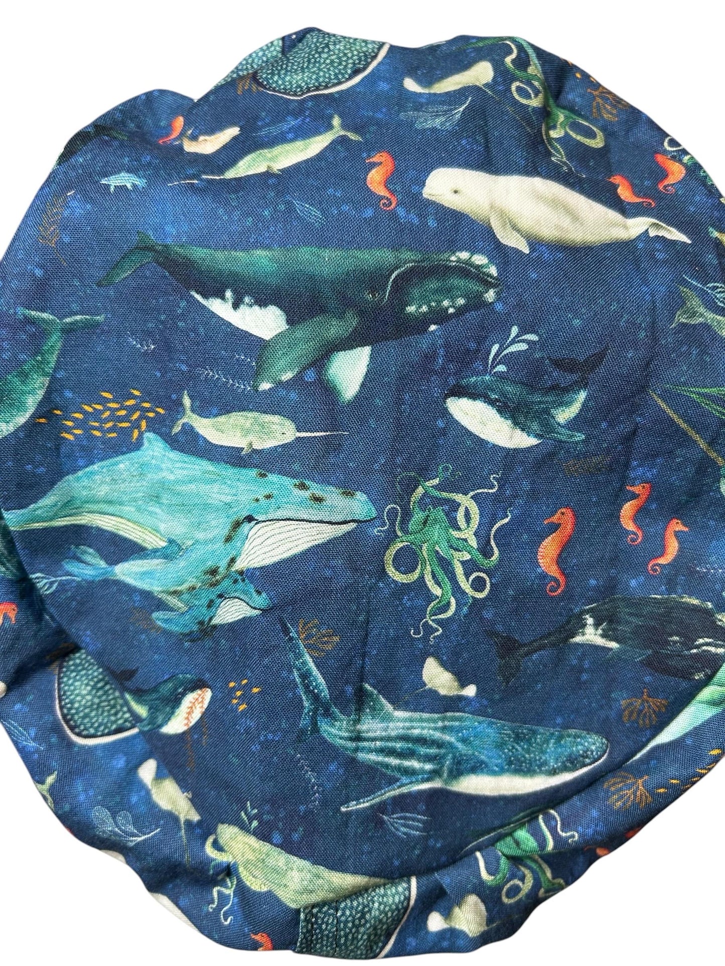 Euro scrub caps: whale shark ocean print with adjustable toggle and elastic