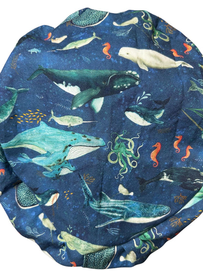 Euro scrub caps: whale shark ocean print with adjustable toggle and elastic