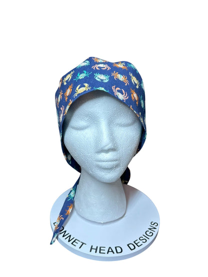 Scrub cap for men: summer crab print surgeon style with ties