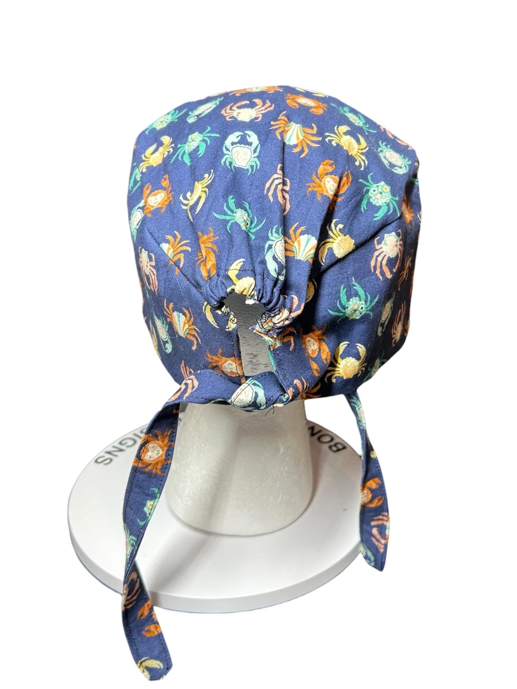 Scrub cap for men: summer crab print surgeon style with ties