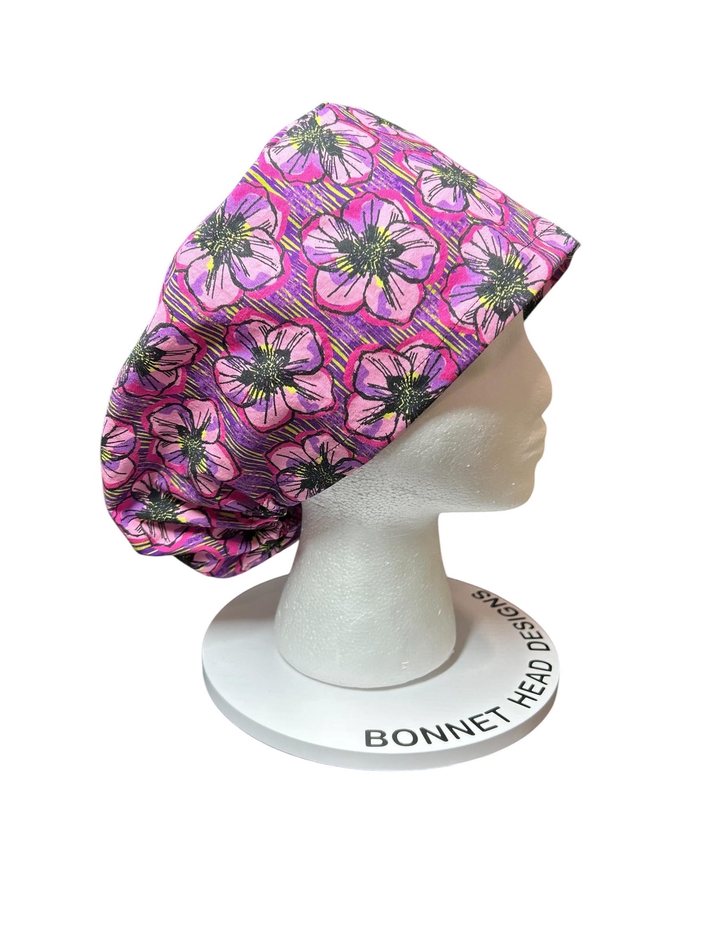 Floral Euro Scrub Cap: Purple flower print nurse hat with toggle