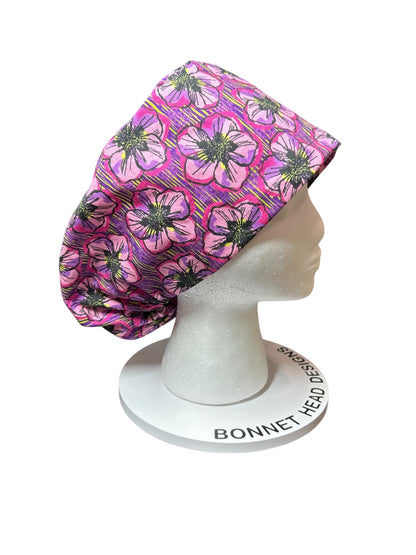 Floral Euro Scrub Cap: Purple flower print nurse hat with toggle