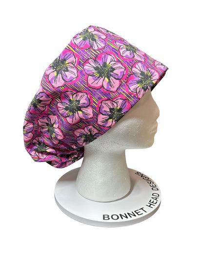 Floral Euro Scrub Cap: Purple flower print nurse hat with toggle