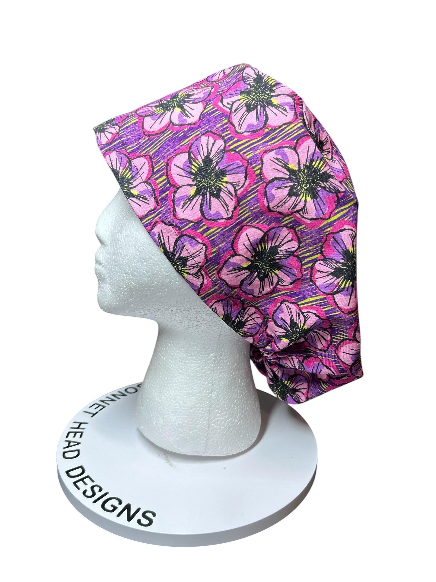 Floral Euro Scrub Cap: Purple flower print nurse hat with toggle