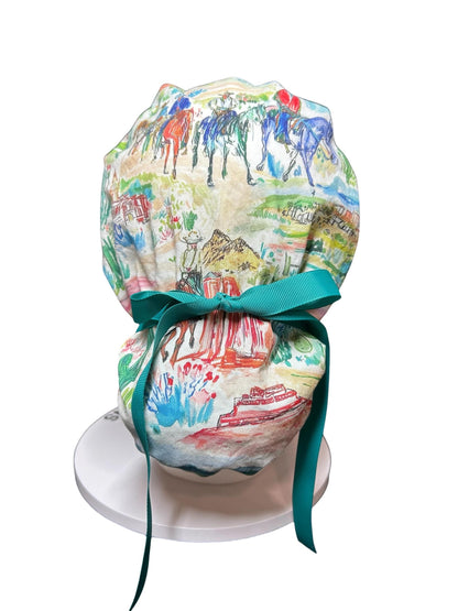 Western Watercolor ponytail scrub cap