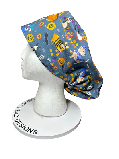 Euro scrub cap with toggle: Howl-ween fabric, dogs in costume