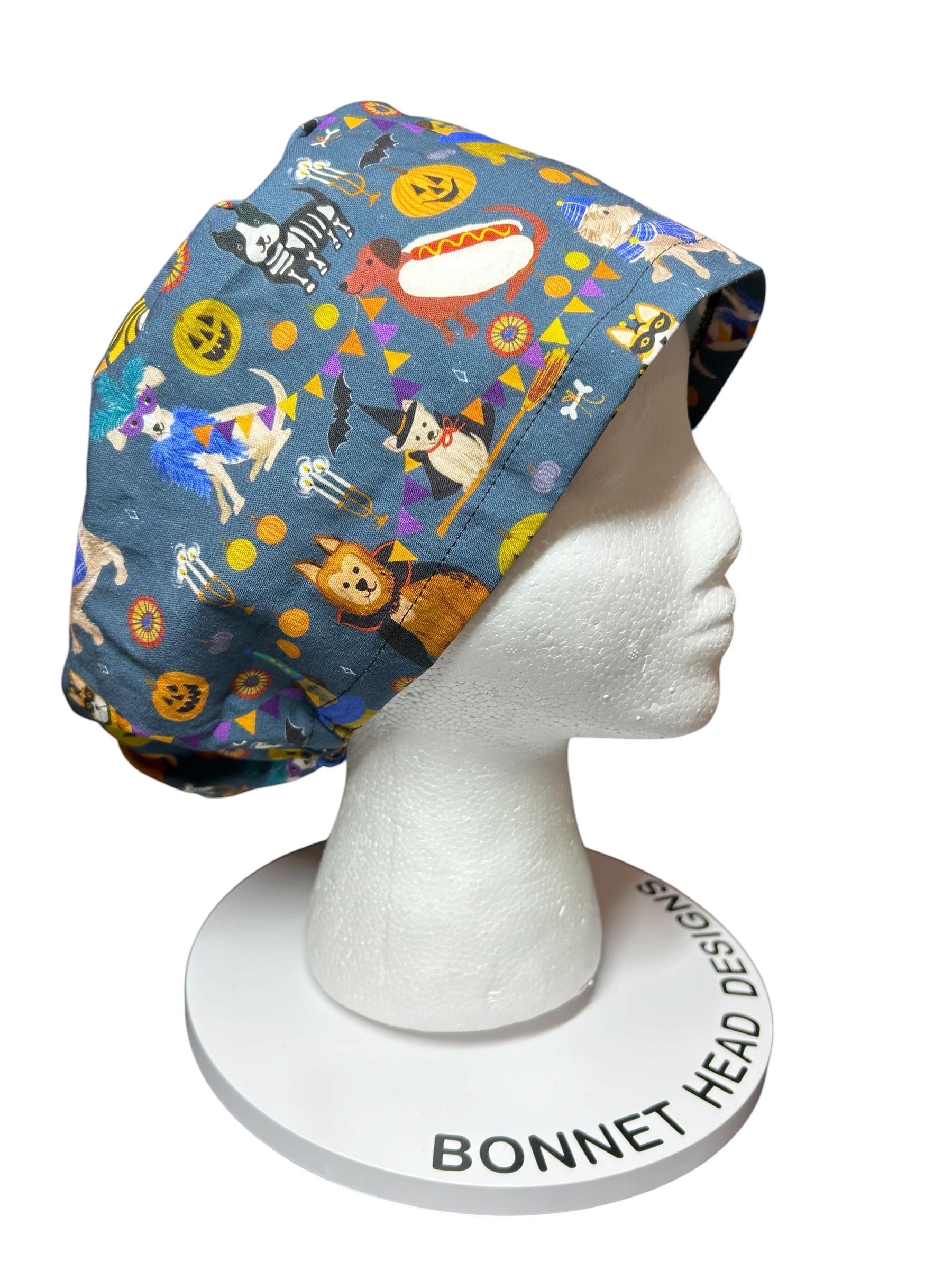 Euro scrub cap with toggle: Howl-ween fabric, dogs in costume