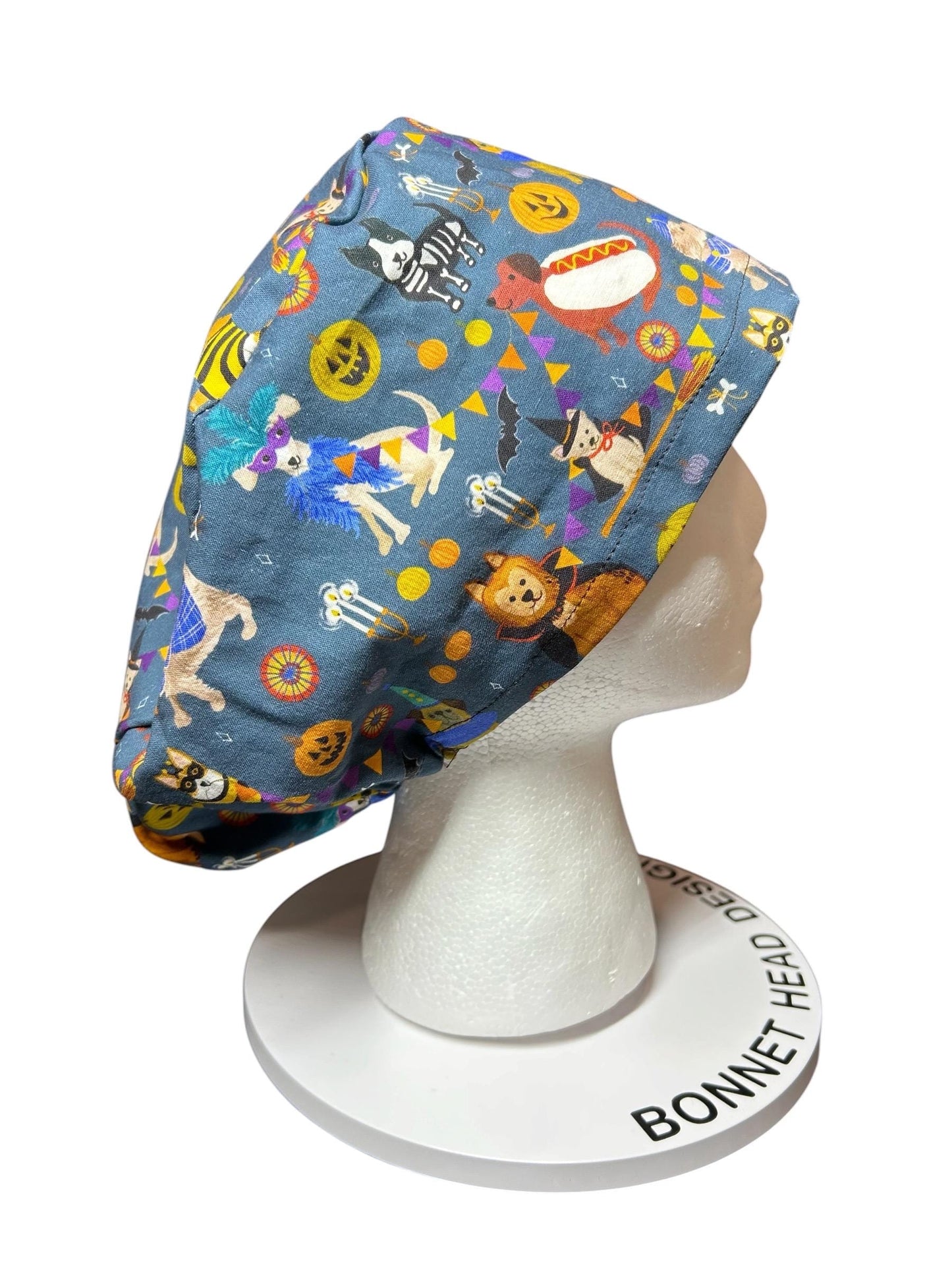 Euro scrub cap with toggle: Howl-ween fabric, dogs in costume