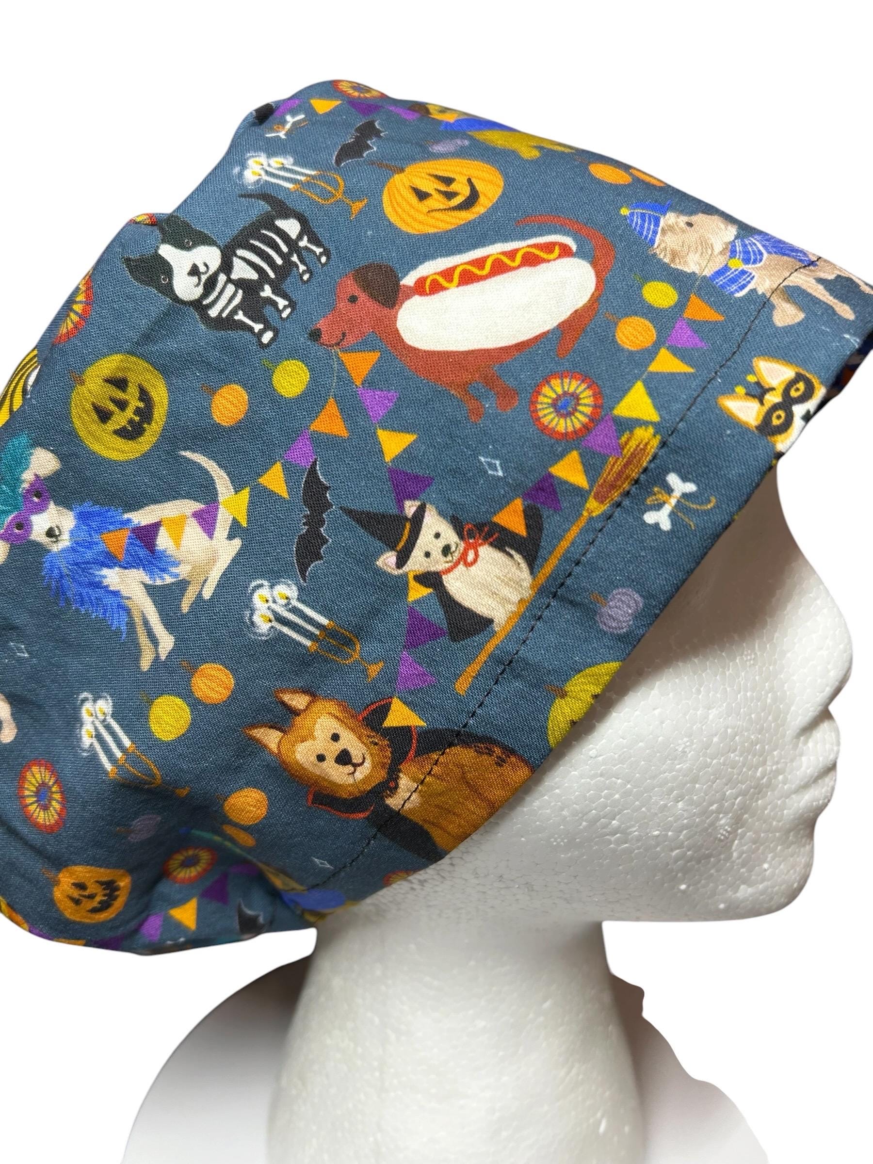 Euro scrub cap with toggle: Howl-ween fabric, dogs in costume