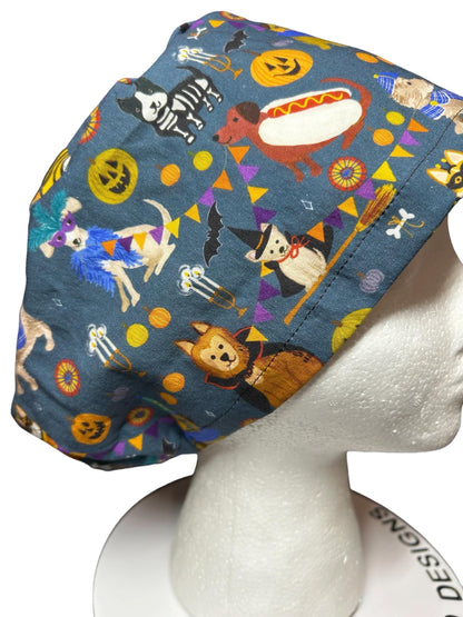 Euro scrub cap with toggle: Howl-ween fabric, dogs in costume