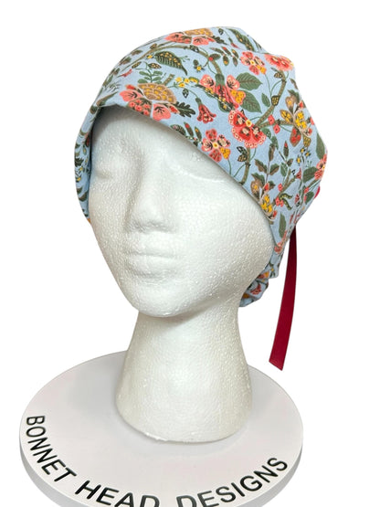 Ponytail Scrub Cap: Rifle Paper Co Gracie Blue Floral Nurse hat