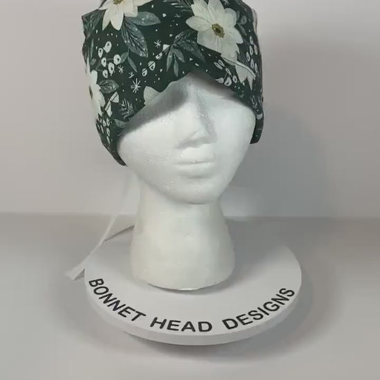 Winter floral women’s ponytail scrub cap, winter scrub hat, Bonnet Head Designs