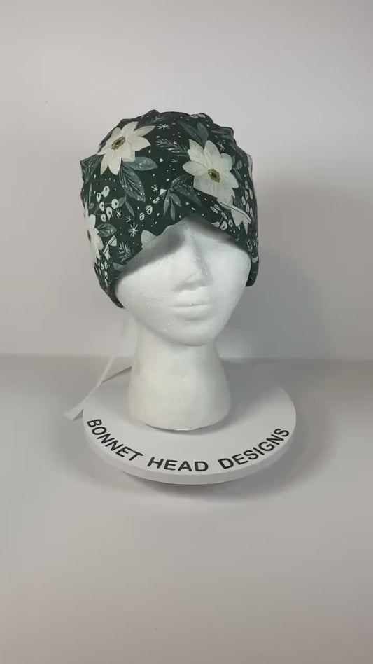 Winter floral women’s ponytail scrub cap, winter scrub hat, Bonnet Head Designs