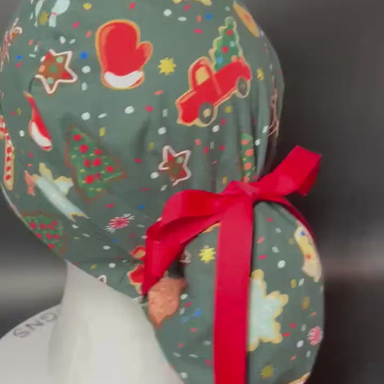 Christmas Cookies Ponytail Scrub Cap: Rifle Paper co fabric with satin lining option