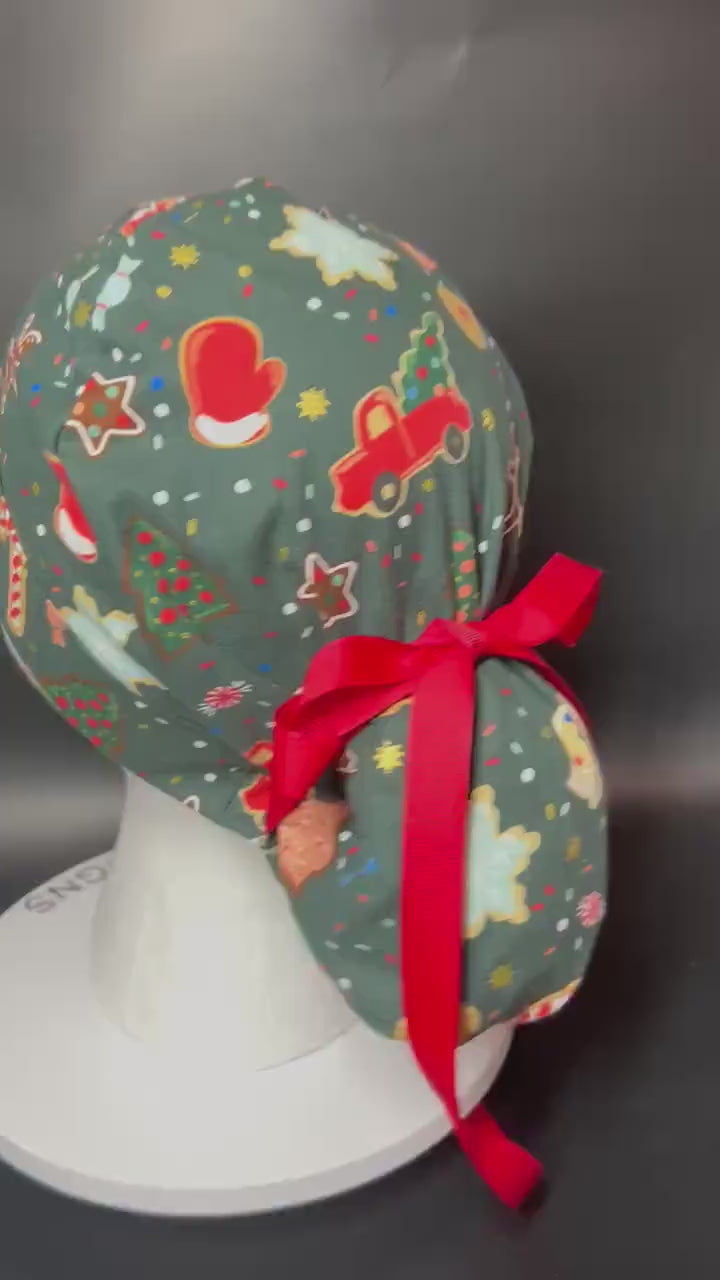 Christmas Cookies Ponytail Scrub Cap: Rifle Paper co fabric with satin lining option