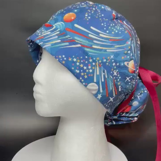Scrub Caps with bun pocket and optional satin and mask buttons| Outer Space Print