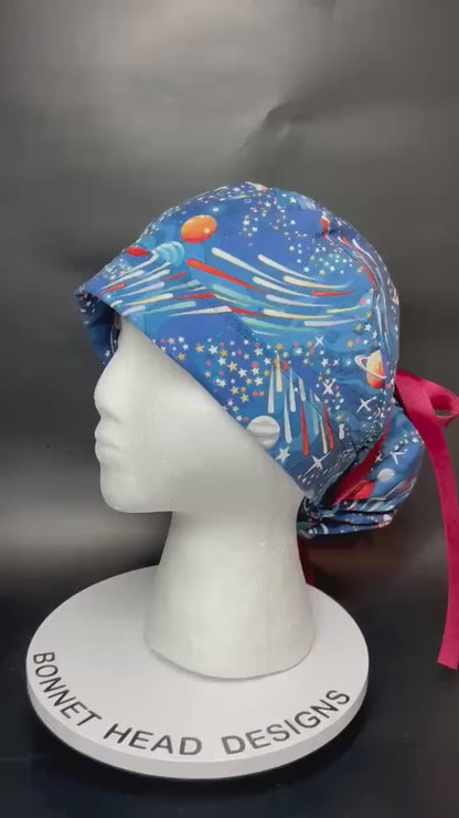 Scrub Caps with bun pocket and optional satin and mask buttons| Outer Space Print