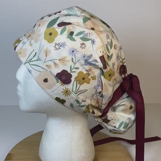 Owl ponytail scrub cap, women’s owl scrub hat, Bonnet Head Designs