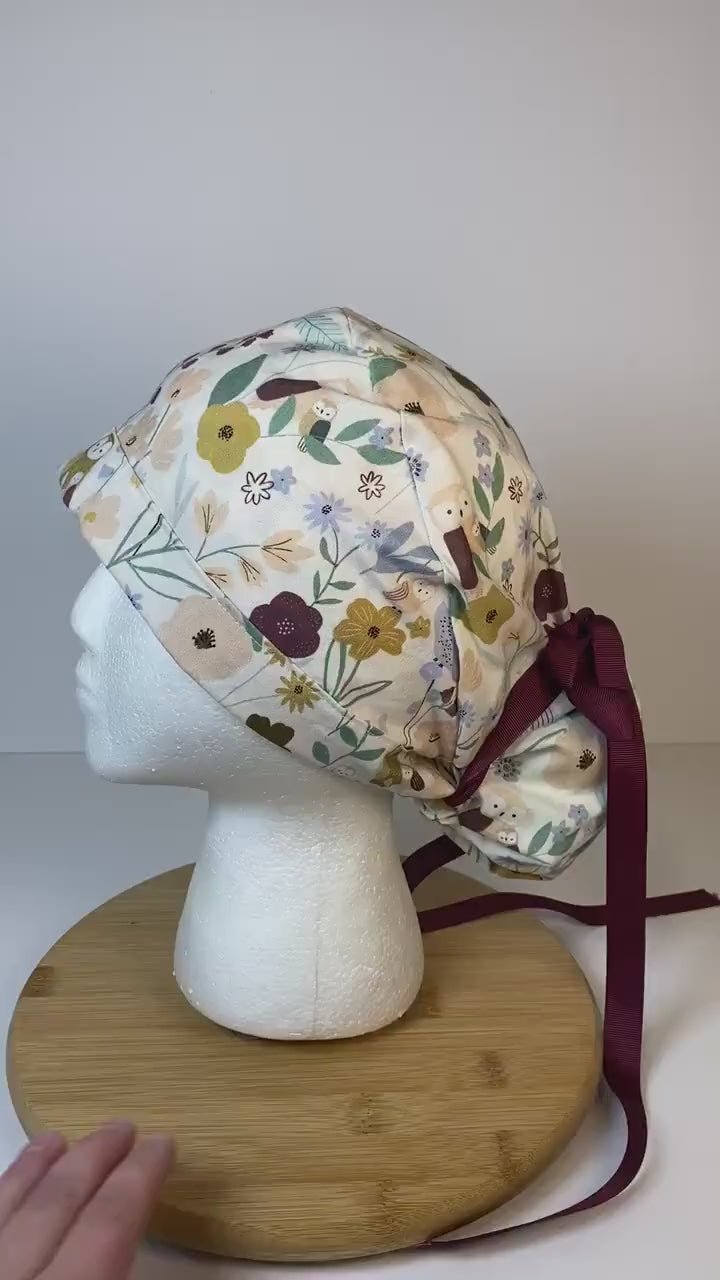 Owl ponytail scrub cap, women’s owl scrub hat, Bonnet Head Designs