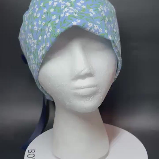 Rifle Paper Co Blue Daphne Ponytail Scrub Cap: women’s scrub hat with ribbon ties