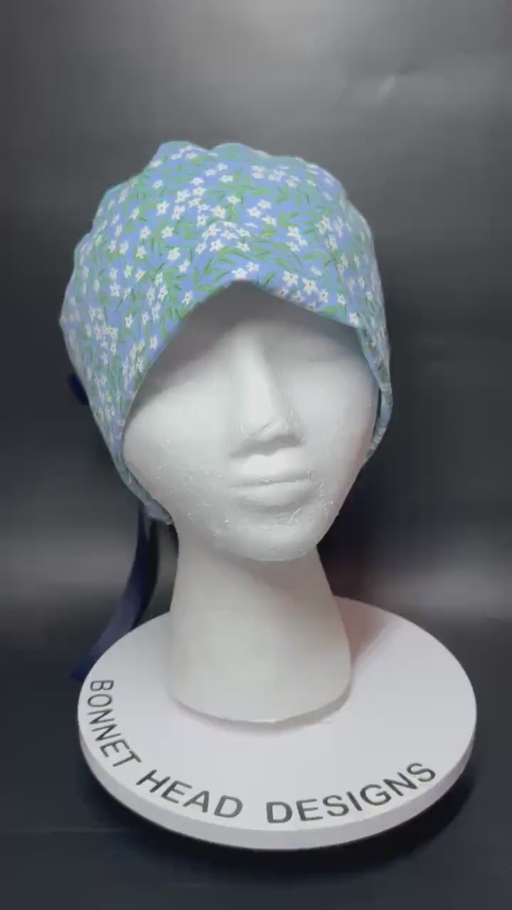 Rifle Paper Co Blue Daphne Ponytail Scrub Cap: women’s scrub hat with ribbon ties