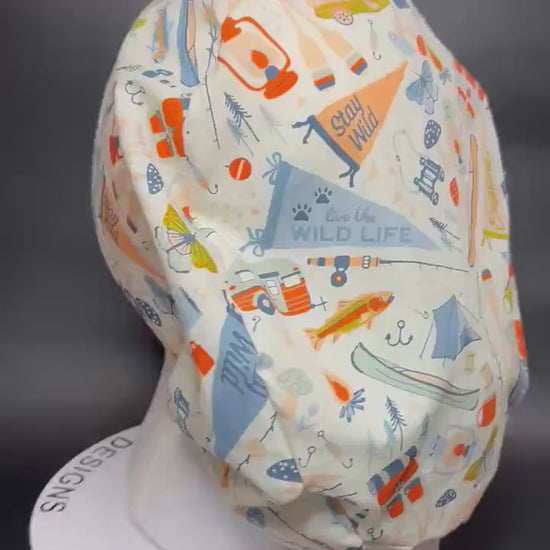 Euro Style Stay Wild Camping Themed scrub hat— satin lining optional with toggle